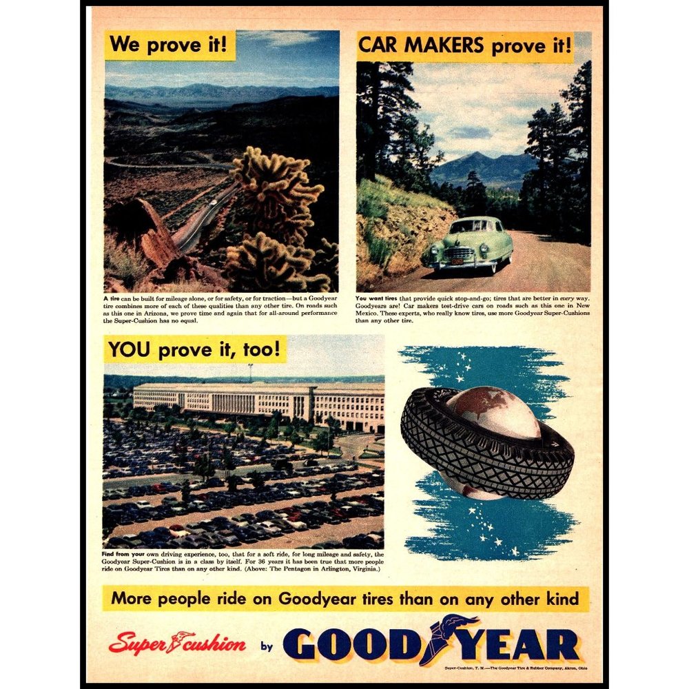 1951 Goodyear Tires Super Cushion Tire Vintage Print Ad Desert Highway Wall Art